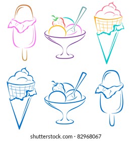 Sweet dessert, ice-cream, set symbolical pictograms, colored and monochrome