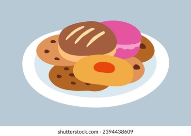 Sweet dessert icon. Delicious confectionery on ceramic plate. Sticker with cookies, macaroons and chocolate brownies. Food for tea party. Cartoon flat vector illustration isolated on gray background