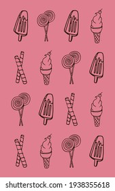 sweet dessert icon isolated on pink background. lollipop, ice cream, ice cream cone, wafer stick. hand drawn vector. brown outline. doodle art for wallpaper, backdrop, wrapping paper, fabric, advert.