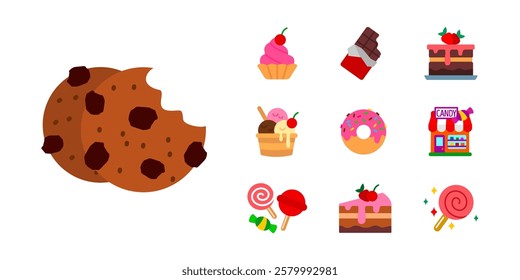 Sweet dessert icon set. Chocolate chip cookie and candy sign. Ice cream, donut, and cupcake symbol. Lollipop and cake pictogram. Confectionery shop illustration.