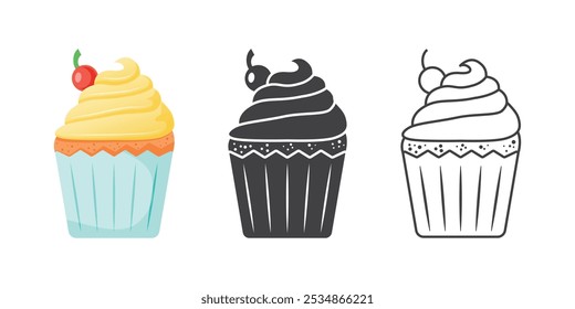 Sweet dessert icon set in flat style. Cupcake vector illustration on isolated background. Muffin sign business concept.