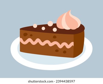 Sweet dessert icon. Sticker with slice of delicious chocolate cake with cream and fruit filling. Confectionery or pastry with sugar. Cartoon flat vector illustration isolated on gray background