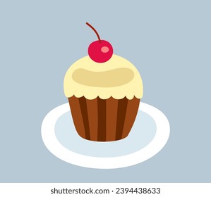 Sweet dessert icon. Sticker with small chocolate muffin in vanilla glaze. Delicious cupcake with cherries. Confectionery or pastry. Cartoon flat vector illustration isolated on gray background