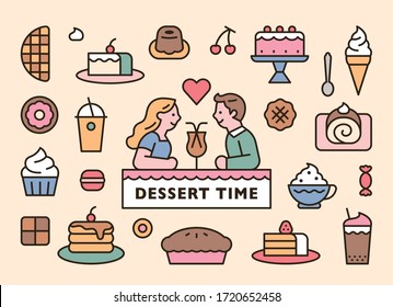 Iconos de postre dulce y dos personajes lindos. ilustración vectorial mínima de diseño plano.