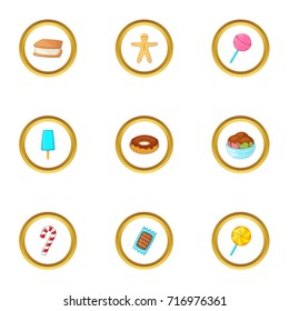Sweet dessert icons set. Cartoon style set of 9 sweet dessert vector icons for web design