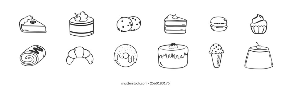 Sweet dessert Icons set. Set of doodle sweets food. Vector