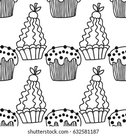 Sweet dessert illustration. Black and white seamless pattern with cakes for coloring books.