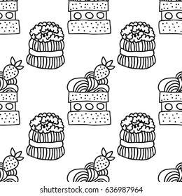 Sweet dessert illustration. Black and white seamless pattern with cakes for coloring books.