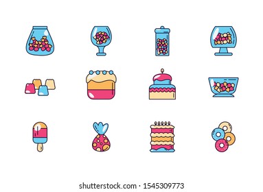sweet dessert jar, candy and pastry icons set vector illustration