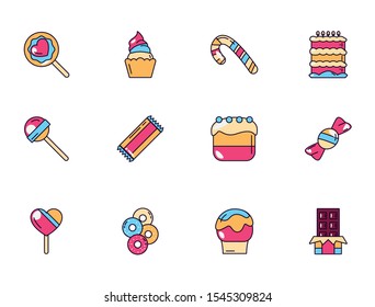 sweet dessert jar, candy and pastry icons set vector illustration