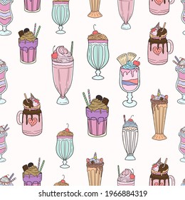 sweet dessert jar of milkshake and smoothies seamless pattern design