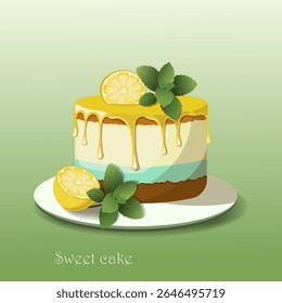 sweet dessert with lemon and mint on a green background