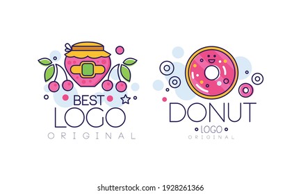 Sweet Dessert Logo Design Set, Jam Jar and Glazed Donut Tasty Food Labels for Bakery, Candy Shop, Cafe Design Cartoon Style Vector Illustration