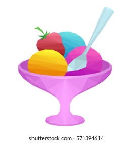 Sweet Dessert, Low Poly Ice Cream and Fruit in Vase with Spoon, Isolated on White Background. Vector
