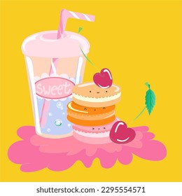 Sweet dessert macaroons with juice bubbles. Yellow pink card vector 
