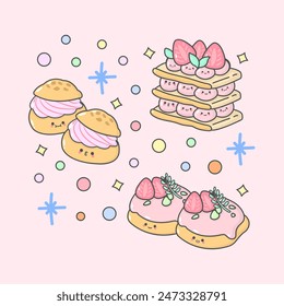 sweet dessert mille feuille choux cream doughnut strawberry with cute facial expressions and pastel colour