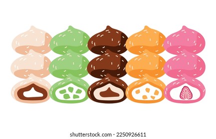 Sweet dessert mochi from Japan on a white background. Asian food. Vector illustration on a white background for restaurants, menus, decor