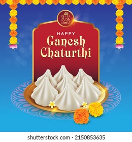 Sweet dessert Modak in plate - Happy Ganesh Chaturthi illustration with festival elements