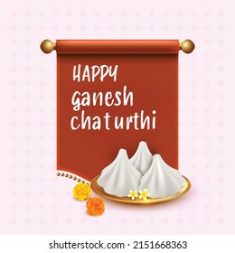 Sweet dessert Modak in plate - Happy Ganesh Chaturthi illustration with festival elements