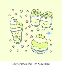 sweet dessert mousse shaved ice cream melon with cute facial expressions and pastel colour