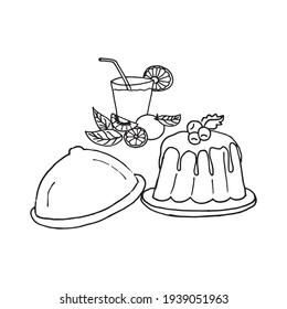 sweet dessert with orange juice. a glass of water with orange. pudding jelly with syrup. blueberry topping. isolated on white. hand drawn vector. doodle art for coloring, kids, card, poster, banner. 