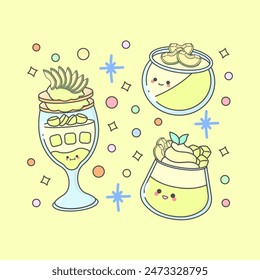 sweet dessert parfait pudding avocado with cute facial expressions and pastel colour