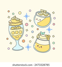 sweet dessert parfait pudding lemon with cute facial expressions and pastel colour