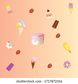 Dulce patrón de postre con fondo pastel. verano dulce, helado colorido y delicioso para la decoración estival, dulces, postres, diseño web o impresión. Ilustración vectorial.