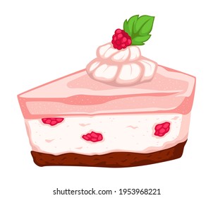 Sweet dessert piece served in cafe or restaurant, menu dish. Confectionery or bakery shop assortment. Cake with raspberry and jam, biscuit and tasty cream or mousse with leaf. Vector in flat style