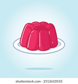 Sweet dessert pink jelly pudding on plate. Food vector cartoon illustration