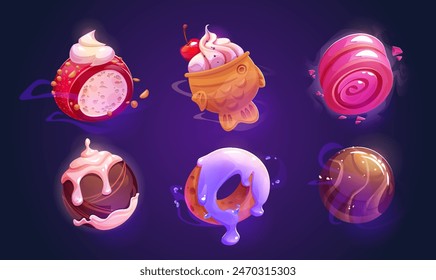 Dulces planetas de postre conjunto aislado en el fondo. Ilustración de dibujos animados de Vector de fantasía helado y bola de chocolate, pastel de galletas decorado con cereza, rollo de jalea rosa, planetas de confitería mágica