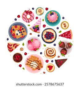 Sweet Dessert Round Composition Design Above View Vector Template