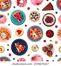 Sweet Dessert Seamless Pattern Design Above View Vector Template