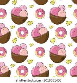 Sweet dessert seamless pattern. Drawn doodle ice cream and popsicles. Ink sketch illustration with colorful shapes for menu design or food packaging. Vector illustration