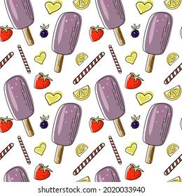 Sweet dessert seamless pattern. Drawn doodle ice cream and popsicles. Ink sketch illustration with colorful shapes for menu design or food packaging. Vector illustration