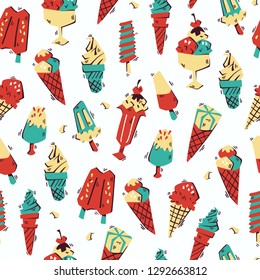 Sweet Dessert Seamless Pattern. Hand Drawn Ice Cream on White Background.