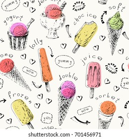 Sweet dessert seamless pattern. Hand drawn ice cream cones and popsicles. Ink sketch illustration with colorful shapes for menu or food package design.