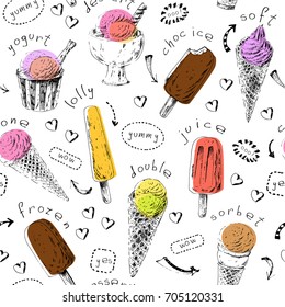 Sweet dessert seamless pattern. Hand drawn ice cream cones and popsicles. Ink sketch with colorful shapes for menu background or food package design.