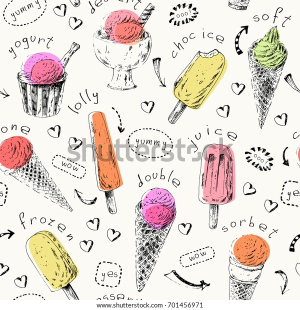 甘いデザートのシームレスな柄 手描きのアイスクリームコーンとポップスリクル メニューや食品パッケージデザイン用のカラフルな形状のイラスト のベクター画像素材 ロイヤリティフリー