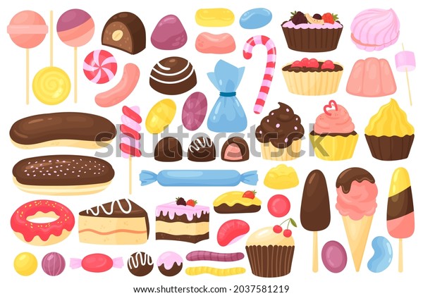 Sweet dessert set, confectionery or kids cafe food\
menu vector illustration. Cartoon shugar snack collection with\
chocolate cake, ice cream, donut , cupcake and lollipop candy jelly\
isolated on white
