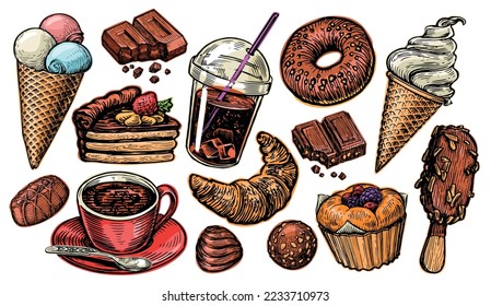 Sweet Dessert set. Food and Drink collection for restaurant or cafe menu. Color vector illustration