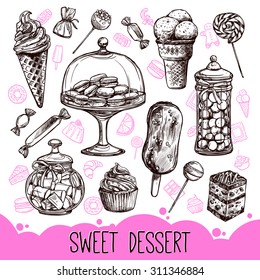 Sweet dessert set with hand drawn cupcakes candies and macarons vector illustration