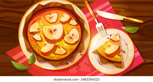 Sweet dessert setup with whole round homemade baked apple pie with crumble on tray, triangle piece on plate, fork and knife, red tablecloth on wooden brown table. Cartoon vector top view on tart.