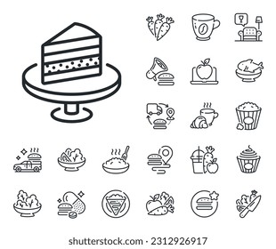 Sweet dessert sign. Crepe, sweet popcorn and salad outline icons. Cake line icon. Confectionery or pastry symbol. Cake line sign. Pasta spaghetti, fresh juice icon. Supply chain. Vector