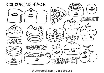 Sweet dessert and snack outline drawings of bread, pizza, cinnamon roll, pancake, cupcake, cherry jam, hotdog. For kid or adult colouring book, colouring page, tattoo, bakery, pastry, sticker, logo