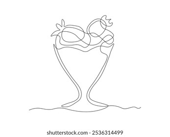 sweet dessert with strawberries, ice cream in a creamer, continuous single line art drawing sketch, logo