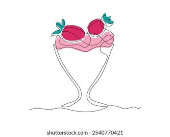 sweet dessert with strawberries, ice cream in a creamer, continuous single line art drawing sketch, logo