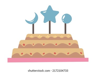 Sweet dessert, tasty birthday cake with cookies or candies. Isolated cake for special occasion, decoration of stars and moon, planet cosmic theme. Delicious treat for holiday. Vector in flat style
