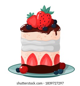 A sweet dessert with tender meringue is on a saucer. A piece of cake garnished with strawberries, blueberries and chocolate. Vector illustration isolated on white background. Delicious food for party.