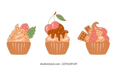 Sweet dessert vector collection. Cute set of hand drawn cupcakes with cherry, raspberry, waffles and leaves on whipped cream topping. For cafe, restaurant, menu, product decoration
